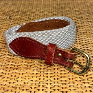 Vintage Adults Preppy Braided Woven Cotton Leather Belt Brass Buckle Gray Preppy